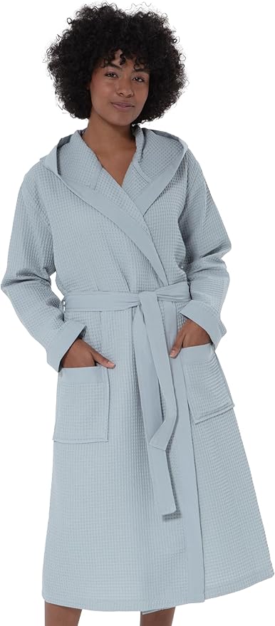 SEYANTE Women’s Luxury Waffle Shawl Collar, Hooded Robe w Piping – Lightweight, Long, Ultra Soft Spa Sleepwear Bathrobe