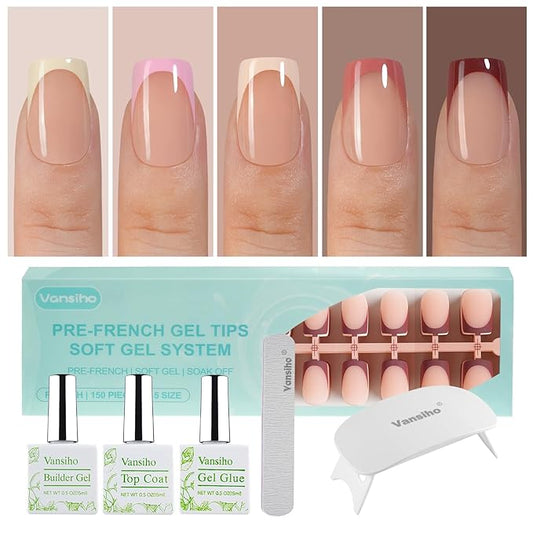 Vansiho French Gel Nails Kit - Short Square French Tip Press on Nails Kit, Nail Gel and Nail Lamp for Gift and Nail Art DIY