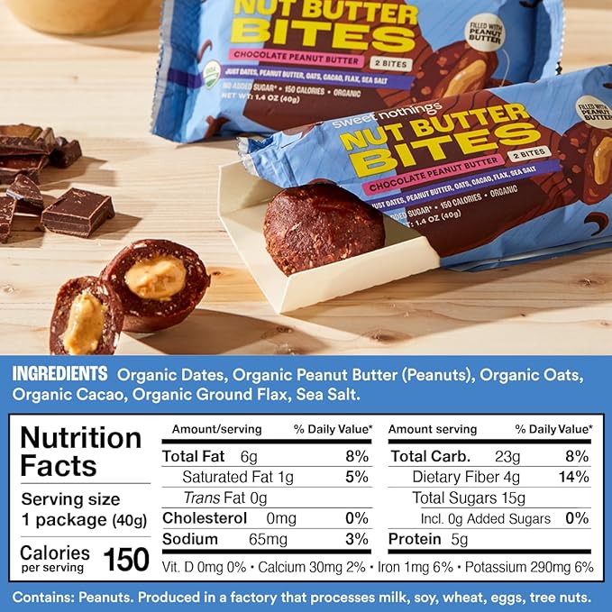 Sweet Nothings, Chocolate, USDA Organic Nut Butter Bites Protein Bar, Nut & Date Snack, Filled with Peanut Butter, 12-2 Bite Value Packs - No Added Sugar, Good Source of Fiber, Only 7 Ingredients