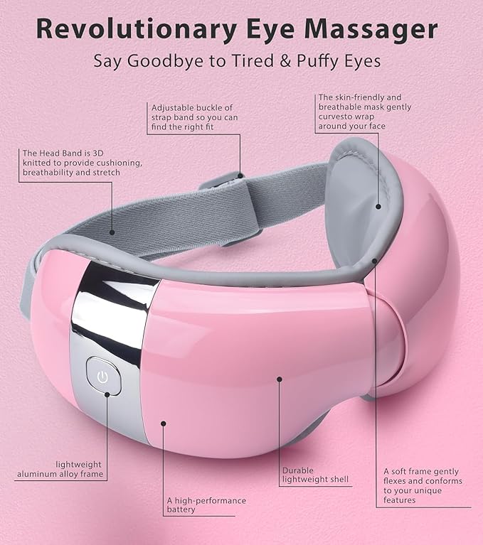 Eye Massager with Heat for Migraines - Relieve Dry Eyes, Eyestrain, and Pain - Air Compression Eye Massager Mask for Relaxation, Sleep Improvement - Mother's Day Gifts (Pink)