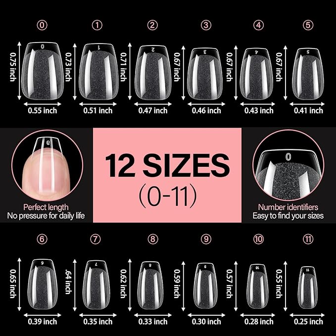 AILLSA Short Coffin Nail Tips Clear Gelly Nails Tip Half Matte Full Cover Tips Acrylic Pre-Filed Press on Fake Nail Tips for Nail Extension Home DIY Manicure 216PCS 12Sizes