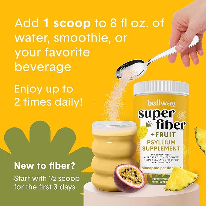 Bellway Super Fiber Powder + Fruit, Sugar Free Organic Psyllium Husk Powder Fiber Supplement for Regularity, Bloating Relief & Digestive Health, Plant-Based, Pineapple Passion Fruit (50 Servings)
