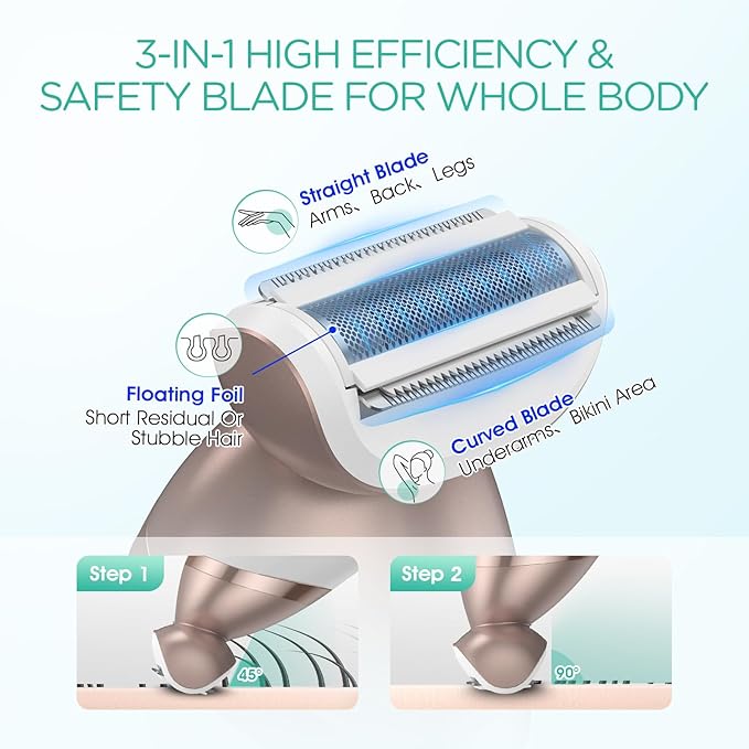 VOYOR Electric Razors for Women 4 in 1 Bikini Trimmer, Foil Shaver for Women 4 Replacement Heads for Body, Pubic Hair Trimmer, Cleansing, Massage 2 Adjustable Speeds Rechargeable Shaver ES501 (Gold)