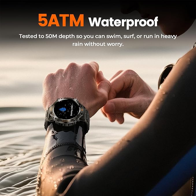 WalkerFit Smart Watch for Men, 1.43" Round AMOLED, 5ATM Waterproof for Swim,Heart Rate & Sleep Monitor,Long Battery,Outdoor Activity Tracker,Voice Control&Bluetooth Call,Android Compatible with iPhone