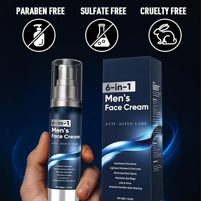 6 in 1 Face Cream for Men – Anti Aging Men’s Moisturizer with Collagen, Hyaluronic Acid and Shea Butter – Daily Skin Care – Reduce the Look of Eye Bags, Dark Circles and Puffiness – 1.76 fl oz (1)