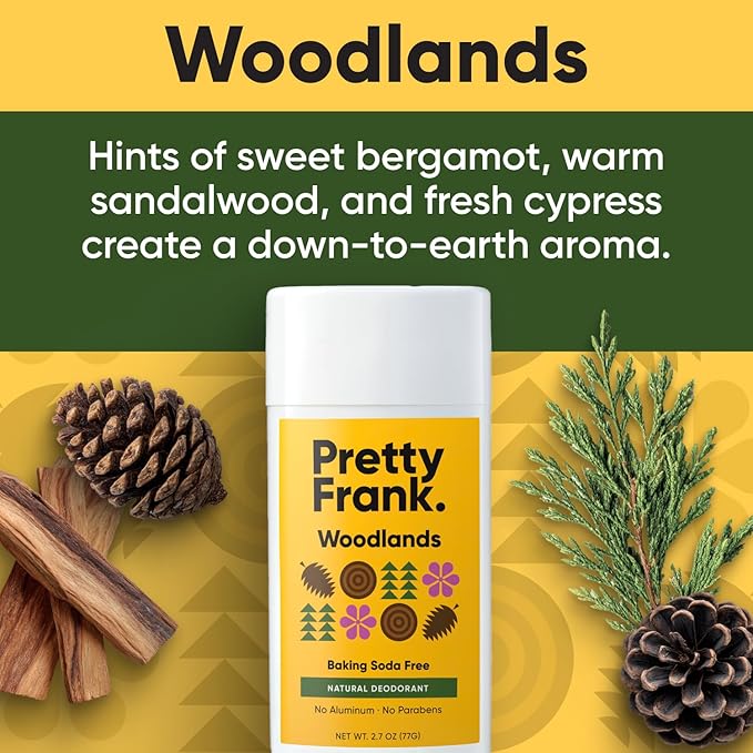 Pretty Frank Natural Aluminum-Free Deodorant Stick, Baking Soda-Free, Woodlands (2-Pack) | Sensitive Skin Friendly, Effective Odor Control for Women & Men, Organic Ingredients and Essential Oils