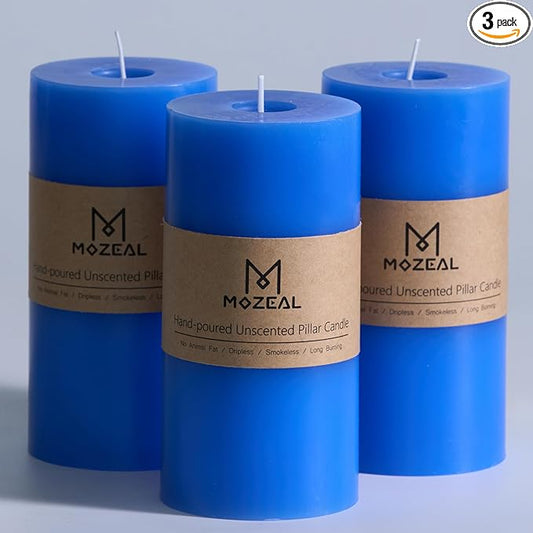 MOZEAL 3" x 6" Hand-Poured Unscented Candle,Dripless Pillar Candle Set of 3,Long Lasting Burning,Approx 120 Hours Burn Time,Rustic Country Style,for Wedding,Dinner,Christmas and Home Decor,Blue