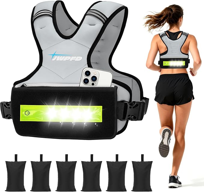 Adjustable Weighted Vest for Women Men, 6-15 Lbs Rucking Vest with LED Light Strips, Weight Vest with 6 Ironsand Weights, and Zipper Pocket for Strength Training, Walking, Running