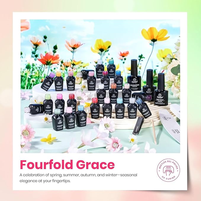 Beetles Gel Nail Polish Set 32pcs Winter Gel Polish 25 Colors with Base Top Coat Soak off UV Gel Burgundy Red Brown Green Blue Pink Gel Polish Kit DIY Nail Art Manicure Gift for Women Fourfold Grace