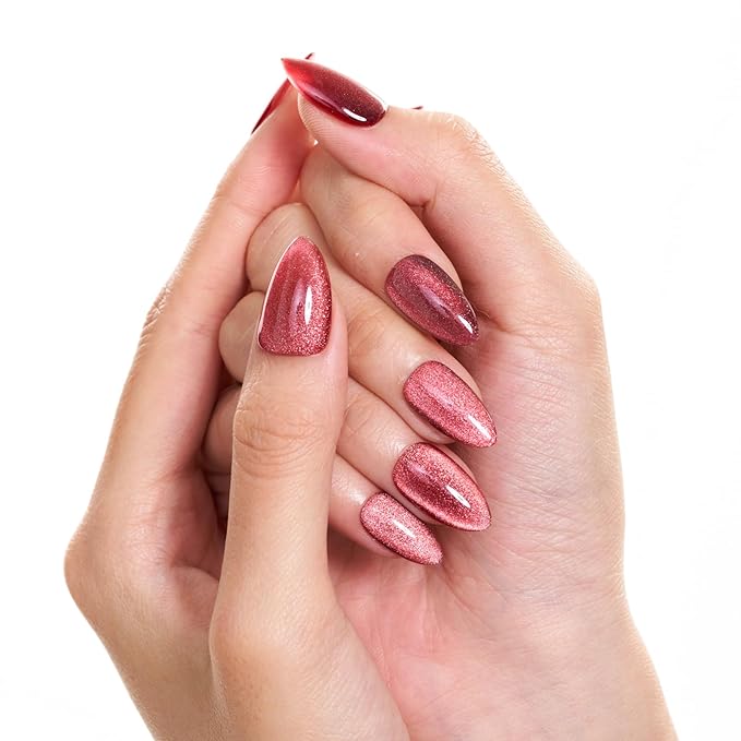 GLAMERMAID Magnet Cat Eyes Dark Red Press on Nails Short Almond, Handmade Jelly Gel Fake Nail Set, Ombre Glitter Magnetic Glue on Nail Stiletto, Scarlet Medium Oval Stick on False Nail Set for Women