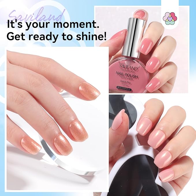 SAVILAND Pink Nude Nail Polish Set: 6-Color Quick Air Dry Nail Polish Shimmer Glitter Pearl Pink Fingernail Polish Set 12-Free Nail Lacquer DIY Home Christmas Gifts for Women 8ml