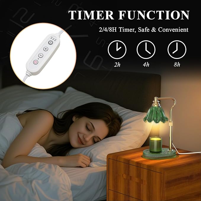 Candle Warmer Lamp with Adjustable Height - Flameless 4-Level Dimmable Wax Warmer, Timer Function & Stylish Design in Multiple Colors（Greener）
