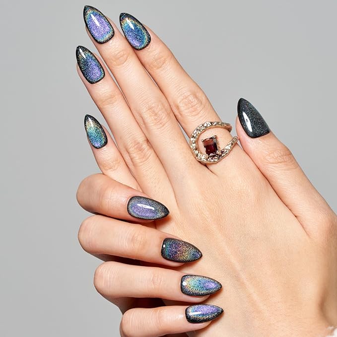 GLAMERMAID Black Blue Magnet Cat Eyes Press on Nails Short Almond, Laser Rainbow Handmade Gel Fake Nail Kit, Ombre Glitter Magnetic Glue on Nail Stiletto, Medium Oval Stick on False Nail Set for Women