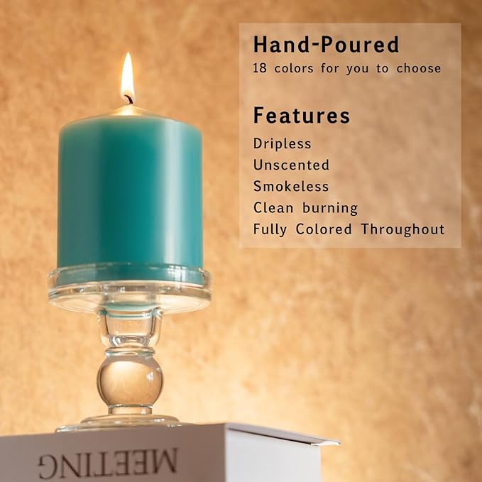 MOZEAL 3" x 8" Hand-Poured Unscented Candles,Large Turquoise Pillar Candles Set of 2,No Drip,Approx 120 Hours Long Burning,Wedding,Dinner,Christmas and Home Decor（3 Inch Diameter 8 Inch Height）
