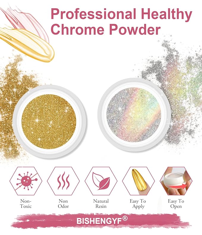 Gold Chrome Nail Powder - 6pcs Sparkly Laser Holographic Nail Powder Metallic Mirror Effect Pink Nail Chrome POwder, White Pearl Pigment Holo Iridescent Glitter Dust Kit, Nail Art Decoration