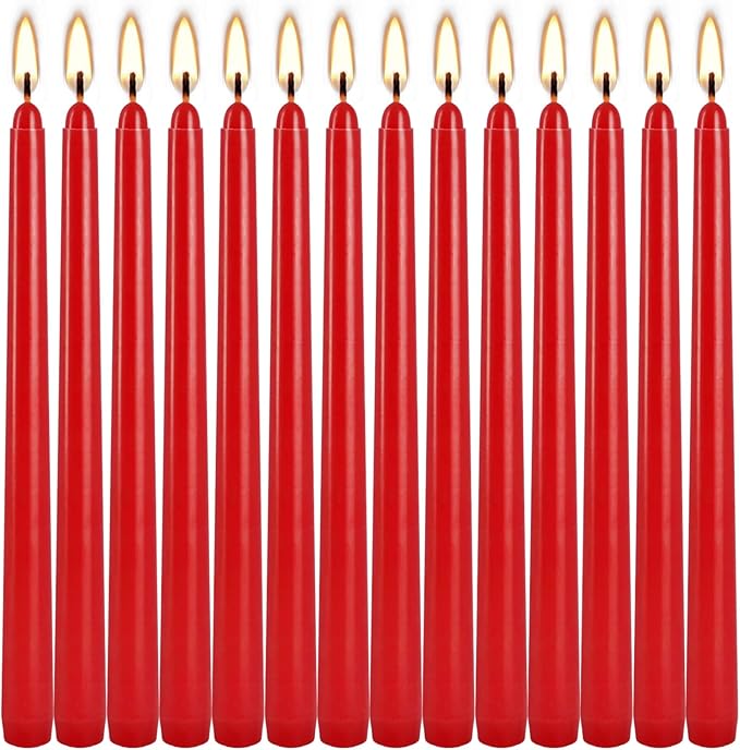 24 Pack Red Taper Candles, 7-8 Hours Burn Time, Unscented, Smokeless and Dripless, 0.75 x 10 Inch Dinner Candle Set for Christmas,Household, Wedding, Party and Home Décor Candlesticks
