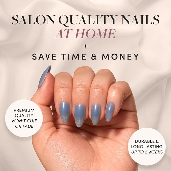 Glamnetic Press On Nails - Baby Blues | Short Almond, Pastel Blue Nails with a Mesmerizing Metallic Finish | 15 Sizes - 30 Nail Kit with Glue