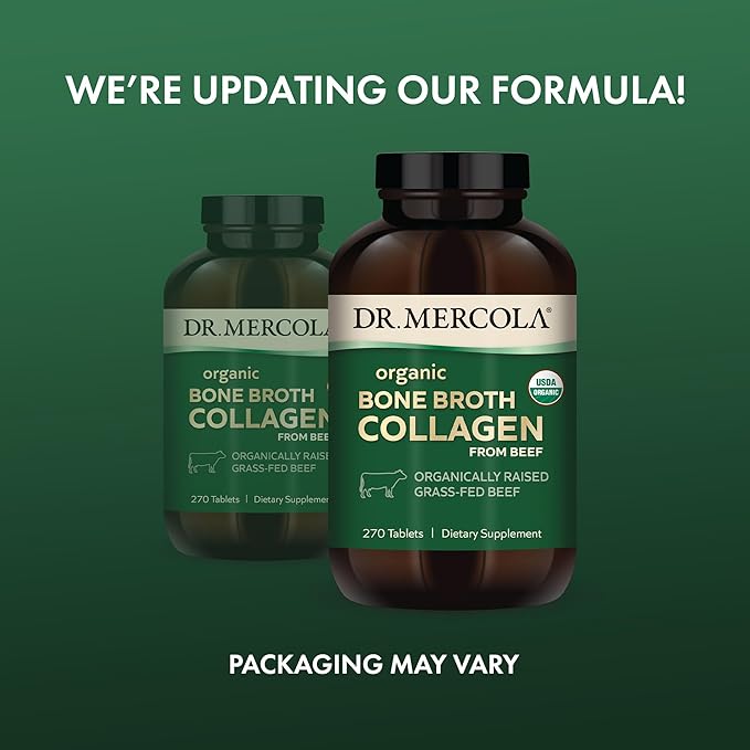 Dr. Mercola Organic Bone Broth Collagen, 90 Servings (270 Tablets), Organically Raised Grass-Fed Beef, Dietary Supplement, Supports Bone and Joint Comfort, USDA Organic, Non-GMO