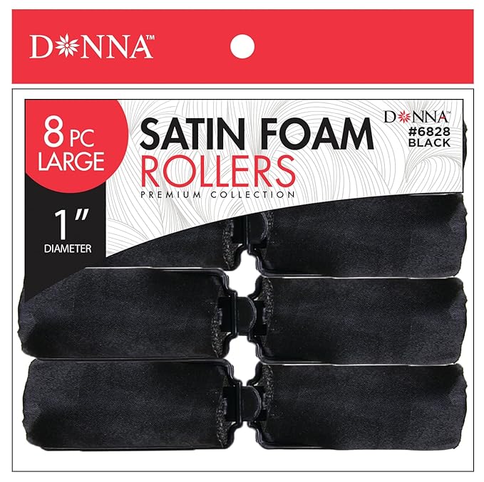 DONNA Foam Hair Roller 8PCS, Silky Sastin 1"(D) LARGE Rollers for Heatless Hairdressing Styling, Hair Curlers and Clips, Black