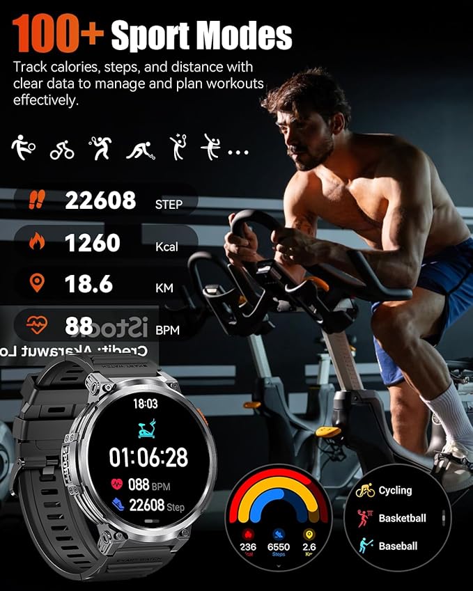 1.85" Big Screen Military Smart Watch for Men with Flashlight, 730mAh Large Battery, IP68 Waterproof, Bluetooth Calling, 114 Sports Modes, Heart Rate/Sleep Monitor for iOS Android