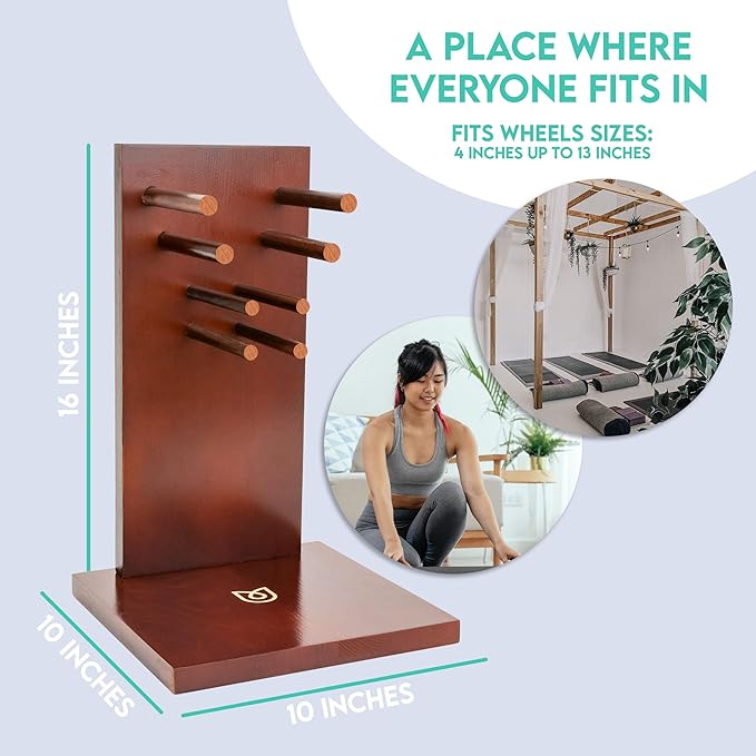 Yoga Wheel Storage Rack – Storage Compatible for Chirp Wheels and Yoga Wheels, Organize Your Back Roller Wheels, Fits all 4 Wheel Sizes, Quick Assembly, Made of Solid Stylish Wood (Wheels Not Included)