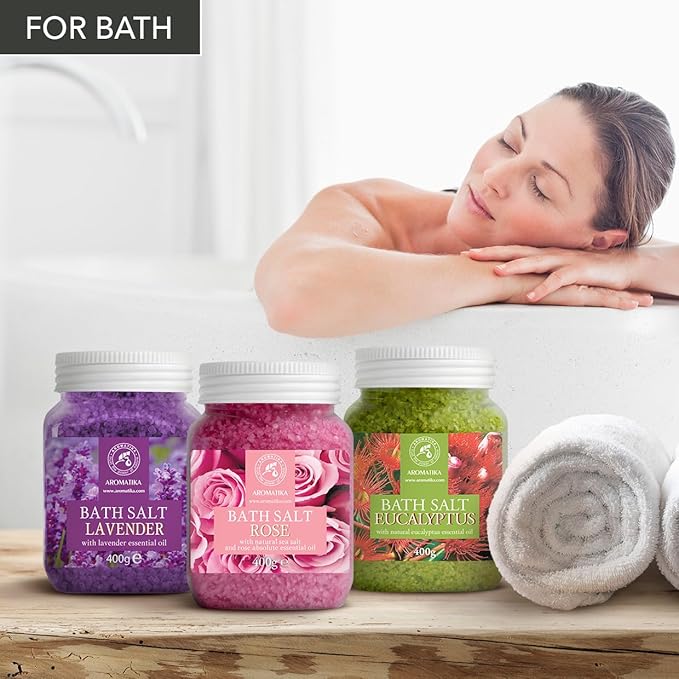 Bath Salts Set 42 Oz - Lavender - Rose - Eucalyptus - 100% Bath Salts - Lavanda Rosa Eucalitpus Salt - Best for Good Sleep - Stress Relief - Bathing - Body Care - Beauty - Relaxation - Spa