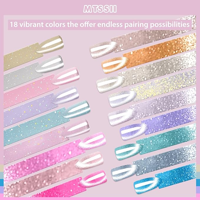 MTSSII Jelly Cat Eye Gel Nail Polish Set, 18 Colors Rainbow Glass Sea Spirit Magnetic Gel Polish Kit with Magnet Pink Blue Purple Grey Glitter Cateye Nail Polish Salon Manicure Nail Art DIY at Home