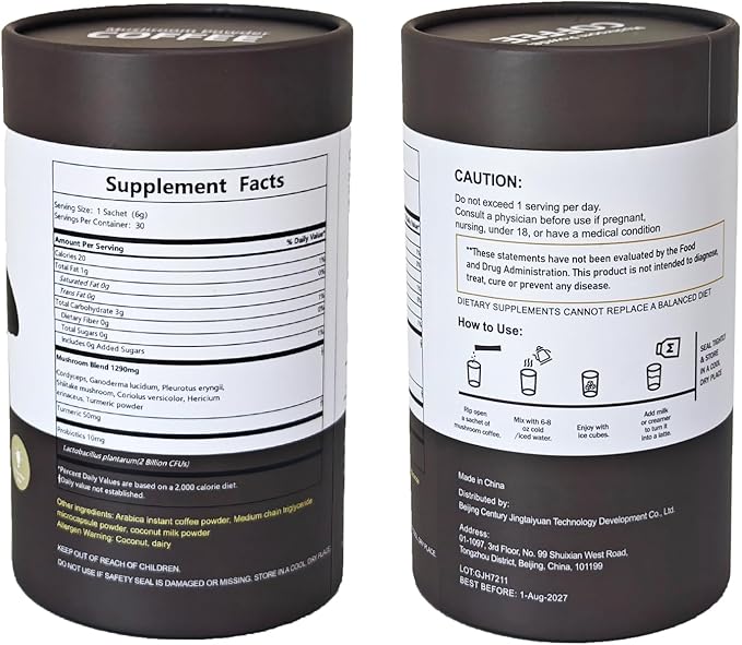 Organic Mushroom Coffee with Cordyceps, Shiitake, Chaga & 3 Other Mushrooms + Turmeric Powder – Gourmet Arabica Instant Coffee for Vitality & Wellness, 30 Servings (180g/6.35oz)