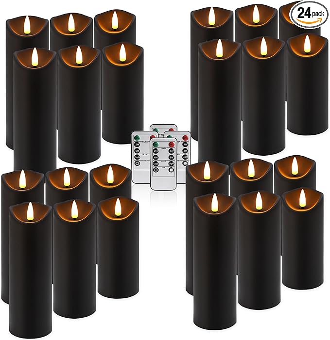Realistic Flameless LED Candle Black Set of 24, Battery Operated with Remote Control, 3D Flame Pillar Timer Funtion Melted Top Safe,Perfect for Indoor/Outdoor Decor,Wedding,BBQ and Gift