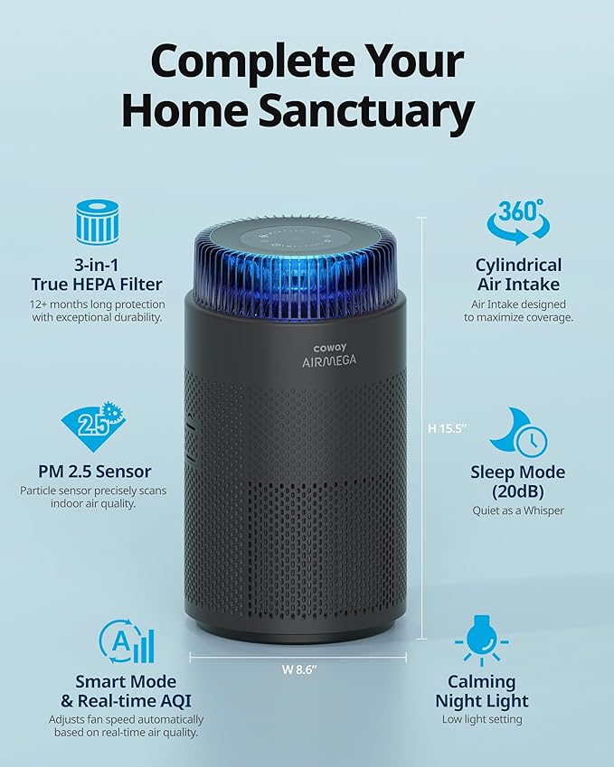 COWAY Air Purifiers for Bedroom Home up to 810 ft², True HEPA Filter for Smoke, Allergies, Pet Dander, Odor, AQI Monitor, Auto&Sleep Mode, Timer, Filter Indicator, Night Light, 3yr Warranty, 100 Black