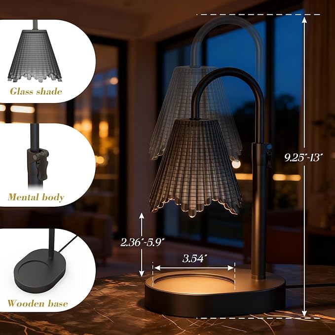 Candle Warmer Lamp with Adjustable Height - Flameless 4-Level Dimmable Wax Warmer with Colorful Glass Shade & Wooden Base, Timer Function & Stylish Design in Multiple Colors(Black 2)