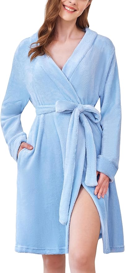 Ekouaer Women's Robes Short Plush Bathrobe Knee Length Warm Soft Jacquard Robe Winter House Coat with Pockets S-XXL