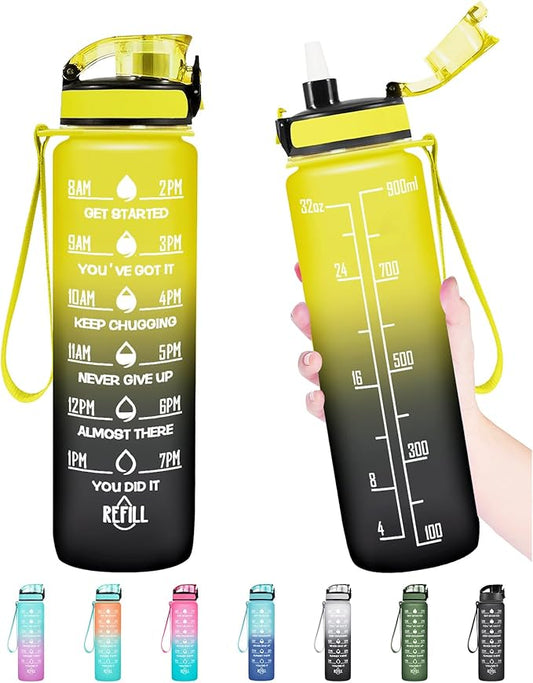 Enerbone Water Bottle, Leakproof BPA & Toxic Free, Motivational Water Bottle with Times to Drink and Straw, Fitness Sports Water Bottle with Strap for Office, Gym, Outdoor Sports