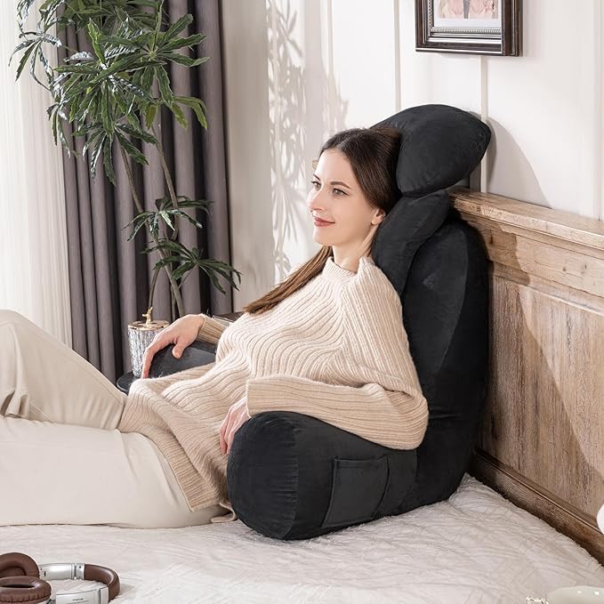 NOONTIDE Reading Pillow for Sitting up in Bed and Couch,32" X-Large Back Pillow for Adult & Teens with Soft Adjustable Neck Roll Backrest Pillow,Washable Cover,Watching TV/Gaming/Relaxing(Black)