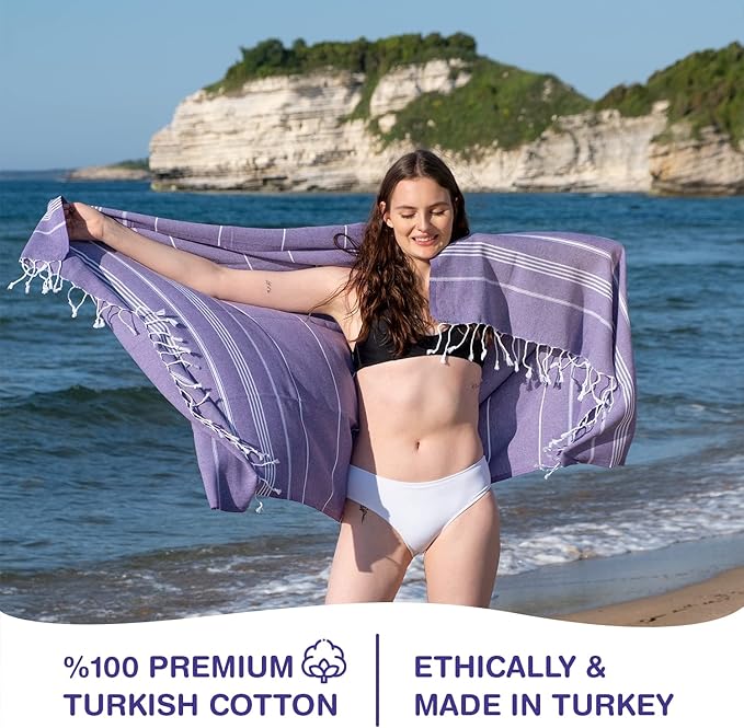 Turkish Beach Towels, Pack of 4 | Oversized, Quick Dry, Sand Free | 100% Cotton, Large 38x71 Towels for Beach, Pool, Travel | Ultra-Soft, Compact, and Absorbent | Purple