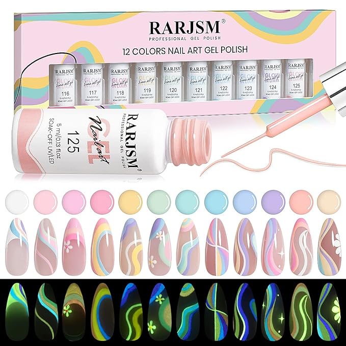 RARJSM Glow in The Dark Nail Art Gel Liner 12 Soft Pastel Colors Neon Green Blue Purple Pink Painting Luminous Polish Set UV LED Curing Requires Thin Brush for Swirl Nails Design