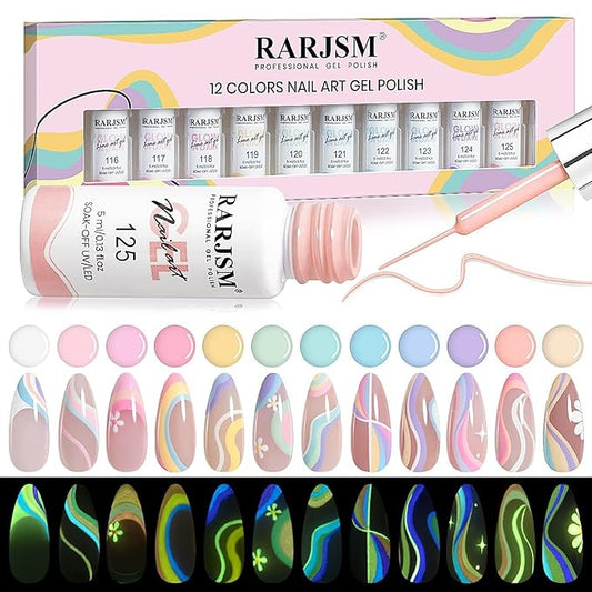 RARJSM Glow in The Dark Nail Art Gel Liner 12 Soft Pastel Colors Neon Green Blue Purple Pink Painting Luminous Polish Set UV LED Curing Requires Thin Brush for Swirl Nails Design
