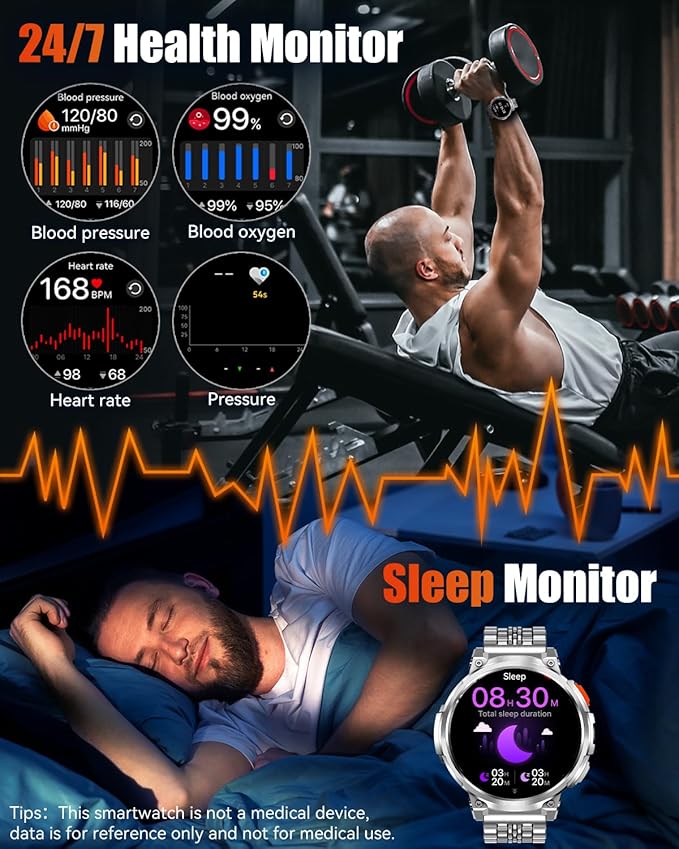 1.85" Big Screen Military Smart Watch for Men with Flashlight, 730mAh Large Battery, IP68 Waterproof, Bluetooth Calling, 114 Sports Modes, Heart Rate/Sleep Monitor for iOS Android