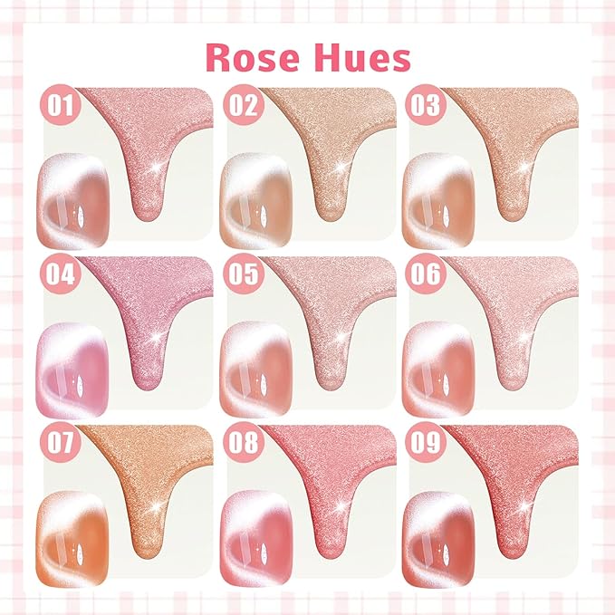 Gel Nail Polish Set, Cat Eye Gel Polish Kit, Holographic Reflective Magnetic Shimmer Glitter Nude Brown Pink Skin Tones Nail Art, Manicure Salon DIY Gifts, Soak Off, UV/LED Cured (9 Colors G)