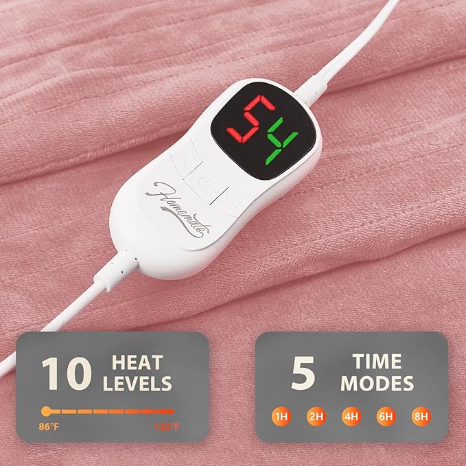 Homemate Electric Heated Blanket King Size - 100"x90" Heating Blanket King Size Dual Control 1/2/4/6/8 Hours Auto-Off 10 Heat Level Over-Heat Protection Flannel Sherpa ETL Certification
