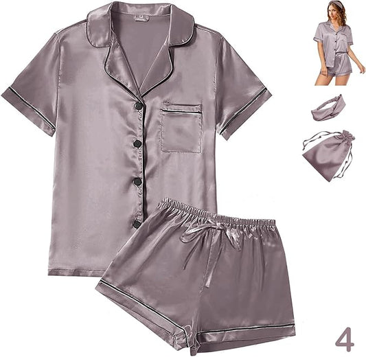 4Pcs Womens Satin Silky Pajama Sets Short Sleeve Shirt XS-4XL Floral Pajamas Set Soft PJ Loungewear Sleepwear