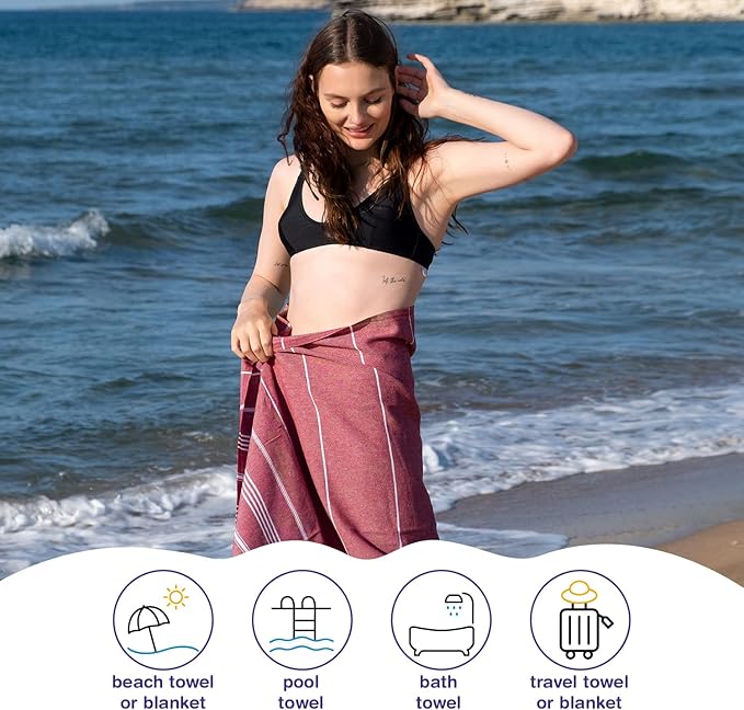 Turkish Beach Towels, Pack of 4 | Oversized, Quick Dry, Sand Free | 100% Cotton, Large 38x71 Towels for Beach, Pool, Travel | Ultra-Soft, Compact, and Absorbent | Burgundy