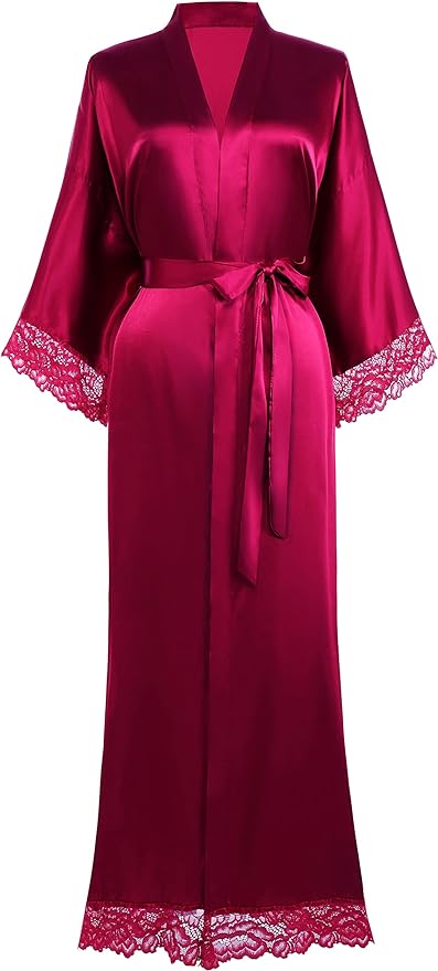 BABEYOND Satin Kimono Robe Silky Long Bridesmaid Wedding Lightweight Bath Robe with Lace Trim