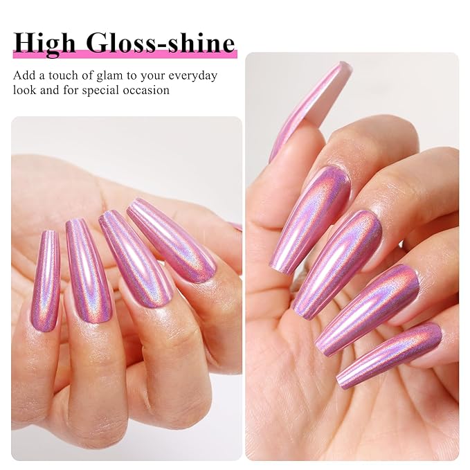 Imtiti Holographic Rose Gold Chrome Nail Powder Kit,1g Holo Iridescent Pink Meatllic Mirror Effect Powder with 10ml White Color Gel Polish Metal Nail UV DIY Kit