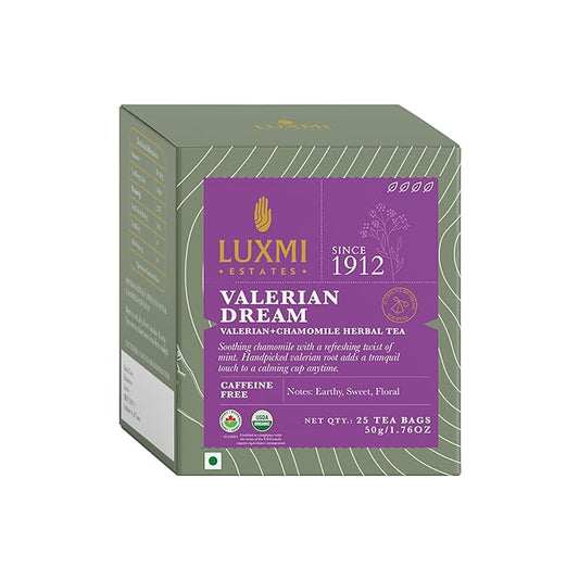 Luxmi Estates Valerian Dream Organic Valerian Root Tea (25 Tea Bags) Caffeine Free Tea Bags For Sleep, Relaxing, Calming, and Stress Relief, With Certified Organic Valerian Root Tea