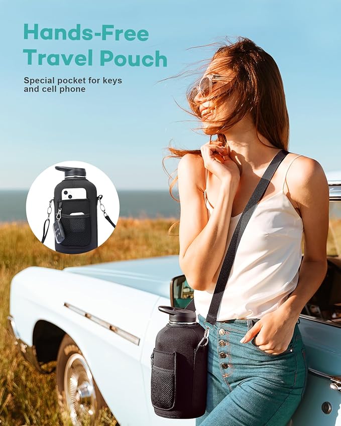 Half Gallon Water Bottle with Handle and Carry Pouch,64 oz Stainless Steel Insulated Jug Flask with Straw Lid Spout Lid,Reusable Metal Water Bottle Mug Tumbler Cup,Keep Cold & Hot,Green