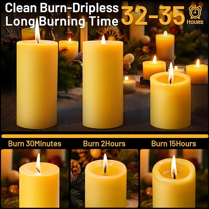 6 Pack Natural Beeswax Pillar Candles, 210 Hours Long Burning, 100% Pure Bees Wax Candles, Organic Emergency Beeswax Candles Bulk for Home Room Prayer Parties Relax, Smokeless & Dripless 2x4in