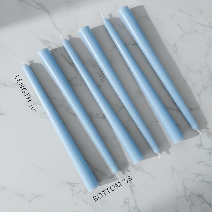 6 PK 10" Classic Taper Candles, Sky Blue, 7-8 Hours Long Burning, Unscented Tall Candlesticks