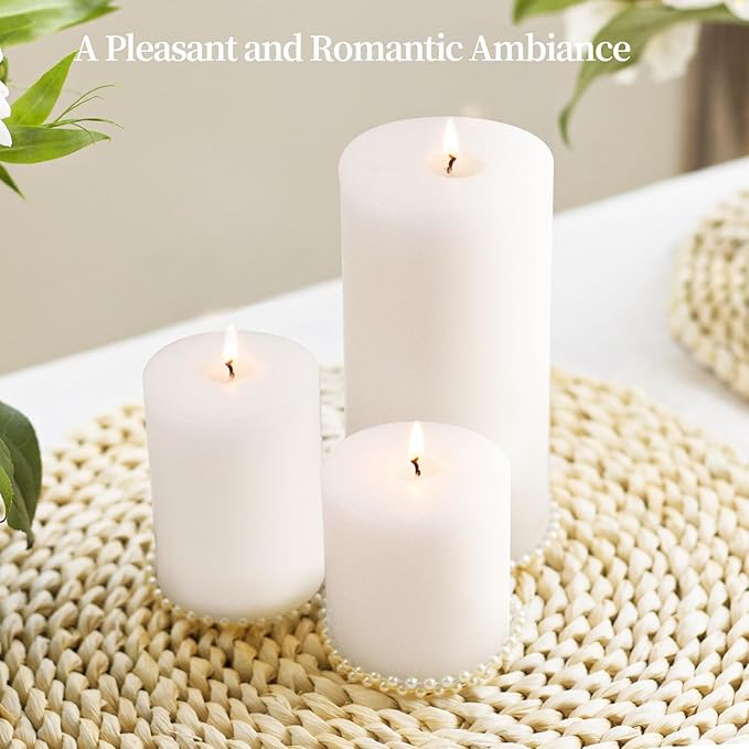 KONNI White Pillar Candles Set of 3, 3"x 4" Unscented Pillar Candles Bulk, 39 Hours Long Burning Candles, Smokeless&Dripless Large Round Candle for Wedding, Home Decoration, Parties, Spas, Dinner