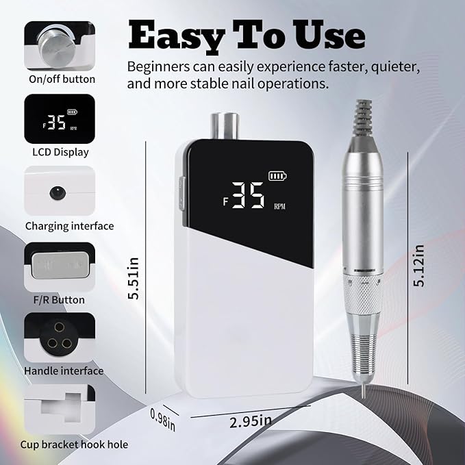 Electric Nail Drill Machine 35000RPM Professional Portable Nail File Cordless Rechargeable Nail Efile for Acrylic Gel Nails Manicure Pedicure Polishing Shape Tools for Salon (White)